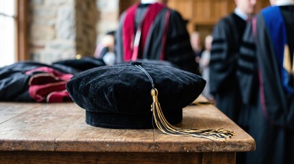 Obraz premium Medium shot of a doctoral cap resting on a table the tassel and velvet texture in sharp detail while surrounding gowns fade gently