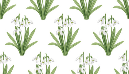 Obraz premium Vector illustration of repeating snowdrop flower pattern with white blossoms and green leaves