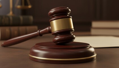 Obraz premium Wooden judge's gavel and sound block on desk in courtroom setting