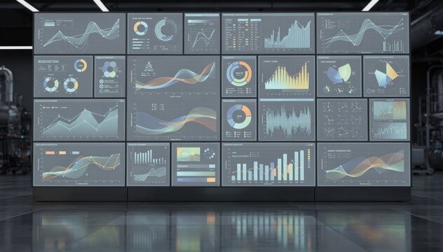Medium shot of a monitoring wall presenting key performance indicators and analytics dashboards to visualize plant simulation and optimize processes.