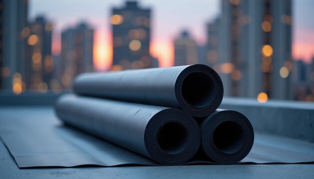 Black bitumen rolls stack on roof. Waterproofing material used for building construction. Exterior surface protection against weather damage. Flat urban skyline at sunset.