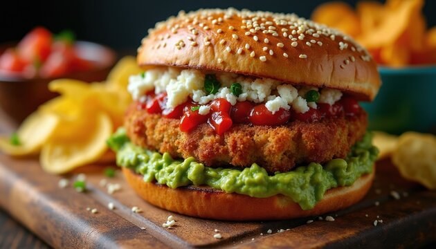 Sesame seed bun sandwich filled with fried patty avocado spread tomato sauce and cheese crumbles. Served with potato chips and salsa on a wooden board. Delicious savory meal.