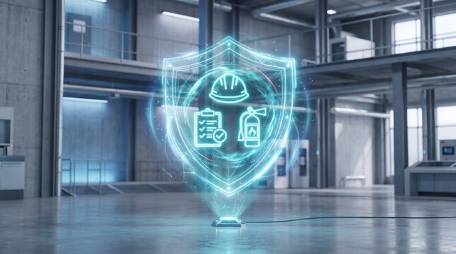 Holographic shield with industry safety icons in factory hall. Digital security and protection system for manufacturing plant. Compliance with safety standard and risk management concept.