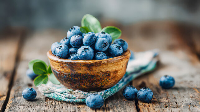 Fresh blueberry bowl on wooden table with cloth and scattered berries