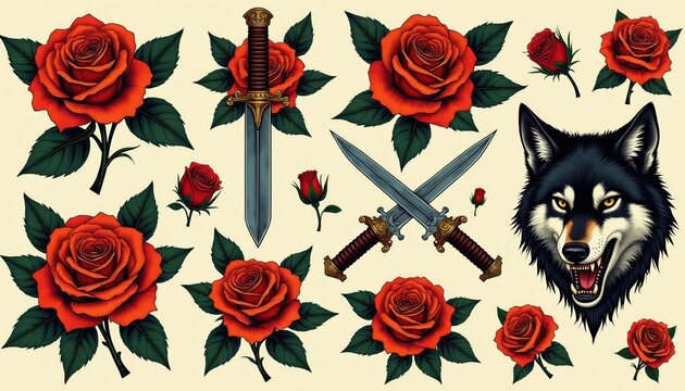 Editorial illustration features traditional American tattoo style art with red roses, daggers, and a wolf head. Bold lines and vibrant colors create a classic aesthetic suitable for diverse designs.