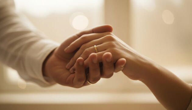 Engaged couple's hands with wedding rings, close-up of love and commitment