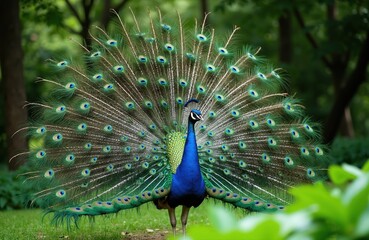 Obraz premium Male green peafowl displays vibrant iridescent feathers spread wide in a forest clearing. Bird stands tall showing intricate eye patterns on tail fan.