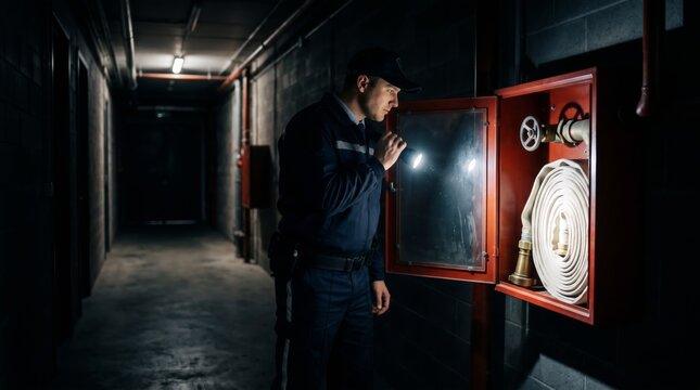 Security guard checking fire hose cabinet with flashlight in dark corridor. Professional security officer patrolling building during night shift. Emergency fire safety equipment inspection.