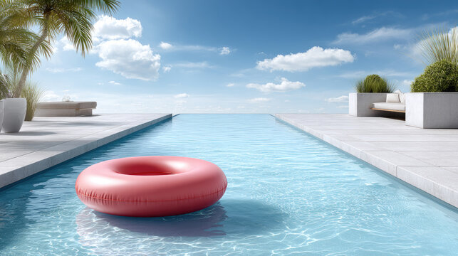 Blue swimming pool water creating abstract reflections under a bright summer sun, a pink inflatable ring floating, symbolizing summer vacation, luxury travel, and relaxing holidays