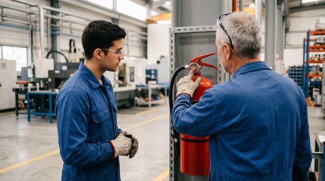 Experienced mentor and student checking fire extinguisher in factory. Industrial safety training for young engineer. Workplace fire protection inspection and compliance protocol.