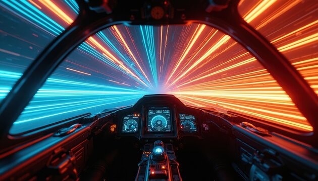View from spaceship cockpit moving fast through neon light tunnel. Digital world, cyberspace travel, abstract motion blur, speed concept. Futuristic race, virtual reality.