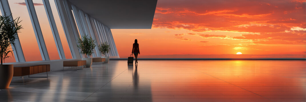 Woman traveling with luggage walking through a modern airport terminal or train station, reflecting a vibrant sunset, journeying towards new horizons and global connections