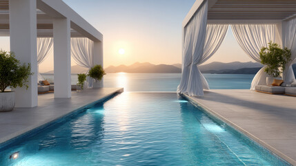 Plakat Infinity pool reflecting golden sunset light over calm Mediterranean sea, creating a serene luxury resort experience with an ocean view and tranquil ambiance for travel and vacation