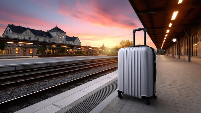Silver suitcase standing on a deserted train station platform at sunset, symbolizing future journeys, anticipation of new adventures, and the start of a captivating travel experience