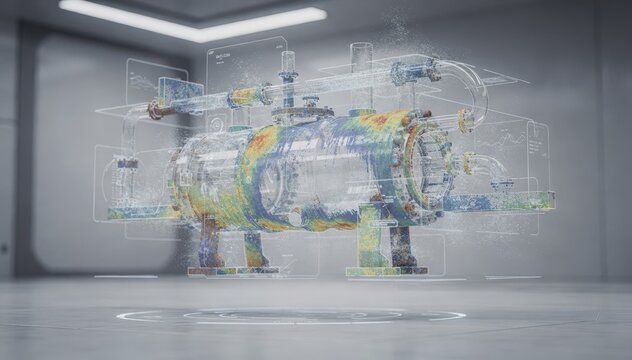 Medium shot of cloudbased digital twin interface showing realtime data of reactor wear and fouling patterns for enhanced remote inspection and predictive maintenance.