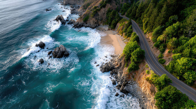 Aerial view of a coastal highway winding along rugged cliffs as waves crash on rocks, evoking scenic road trip freedom, remote escape and dramatic seaside landscape exploration
