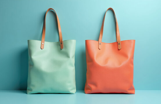 Two tote bags one mint green one orange stand side by side. Leather handles add chic contrast. Clean backdrop highlights stylish accessory pair. Minimalist design for modern shopper. Eco-friendly