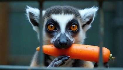 Fototapeta premium Ring tailed lemur with big orange eyes eats carrot held in paw through cage bars. Primate in zoo enclosure enjoys healthy snack. Cute wild animal portrait.