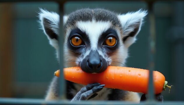 Ring tailed lemur with big orange eyes eats carrot held in paw through cage bars. Primate in zoo enclosure enjoys healthy snack. Cute wild animal portrait.