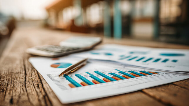 Reports show data analysis with graphs and charts on table near calculator in office space during afternoon