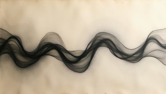 Abstract black ink lines flow across textured sand colored paper. Delicate wispy shapes undulate horizontally, evoking fluid motion and artistic expression in a minimalist design.