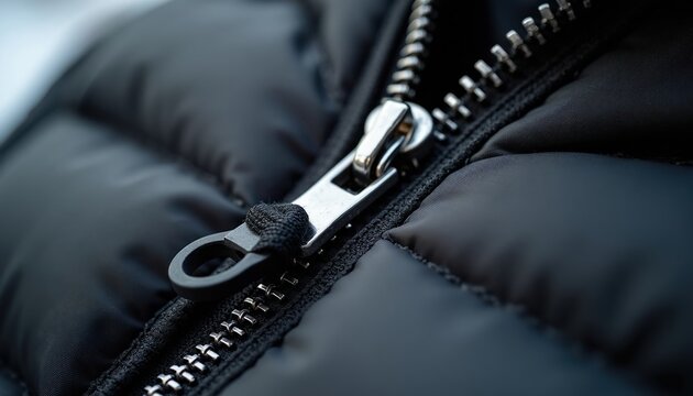 Close up view of metal zipper on black padded winter jacket. Robust fastener has cord pull for easy grip, secure closure, providing warmth, comfort. This detail shot highlights quality construction.