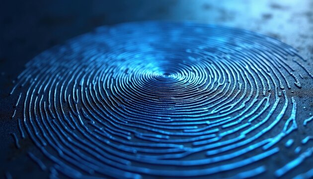 Abstract blue fingerprint pattern with metallic texture. Concentric lines form unique biometric identity. Digital tech background for security and data privacy concepts.