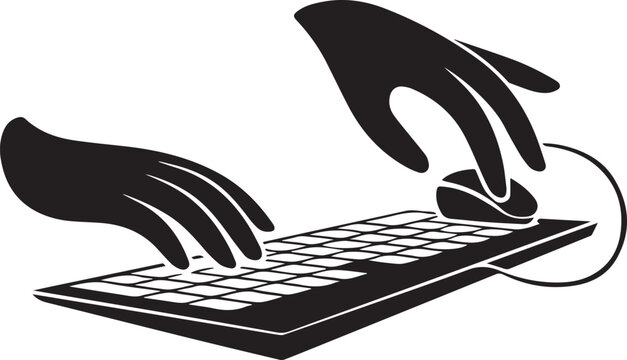 Black silhouette of two hands interacting with a computer keyboard and mouse on a white background