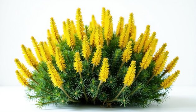 Yellow spiky flowering bush with needle-like green leaves. Bright yellow blooms stand tall on green stems. Bush is isolated on a clean white background studio shot.