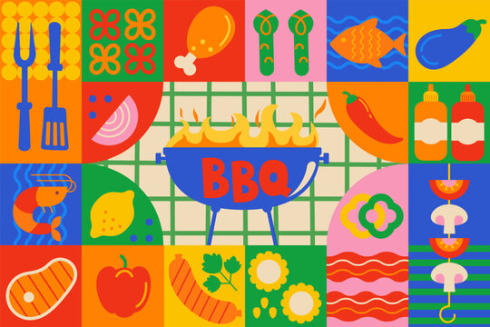 Geometric BBQ flyer. Summer Barbecue weekend event. Design template for barbeque menu, poster, invitation banner, announcement. Grilled delicious steak after cooking outdoor. Vector illustration.