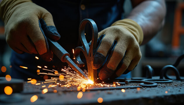 Blacksmith works with metal. Sparks fly as man shapes iron detail. Craftsman creates ornate furniture piece. Skilled worker uses tool on steel.