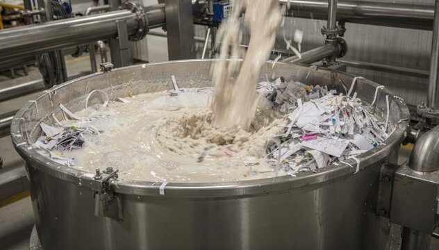 Medium shot of hydrapulping process converting shredded office waste paper into smooth cellulosic fiber slurry for recycling and new paper production.