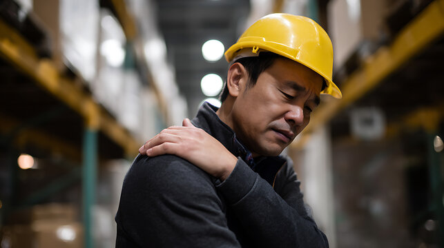 Concerned male worker in a yellow hard hat feels shoulder discomfort or injury while on duty in a warehouse or industrial setting