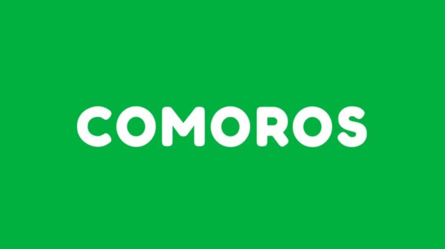 Simple and clean text animation showing Comoros in bold white typography on green background, ideal for country name, geography, and travel content.