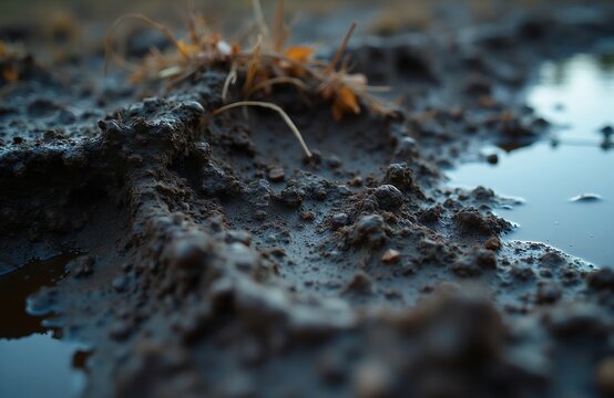 Close up of wet muddy ground with textured soil and small pebbles. A shallow pool of water reflects the sky creating a serene, natural background.