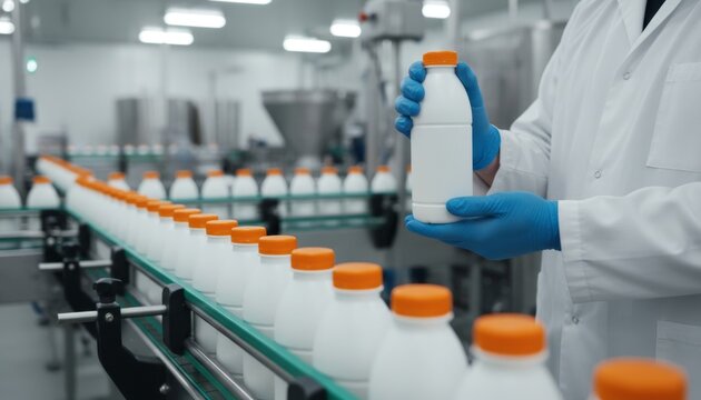 Quality control in dairy production: worker inspecting bottles on conveyor belt