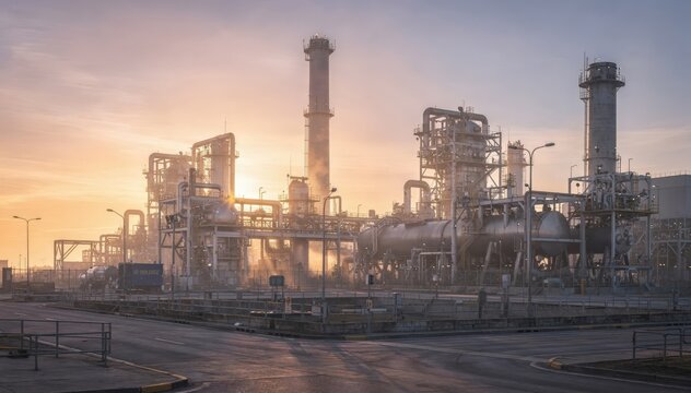 Sunrise casting warm hues over catalytic cracking units reactor and regenerator vessels highlighting the flare stack with soft morning light and subtle atmospheric colors.
