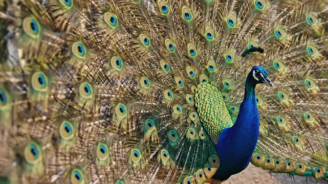 Majestic Peacock Displays Iridescent Feathers in Grand Display