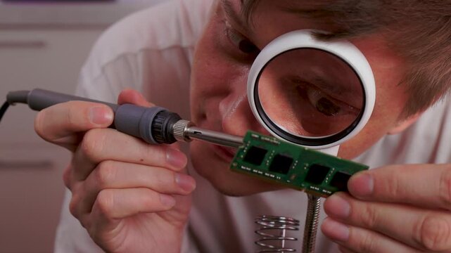 Focus on detailed soldering process of RAM inside electronics lab. Close proximity view of skilled technician meticulously soldering tiny RAM memory pins with precision