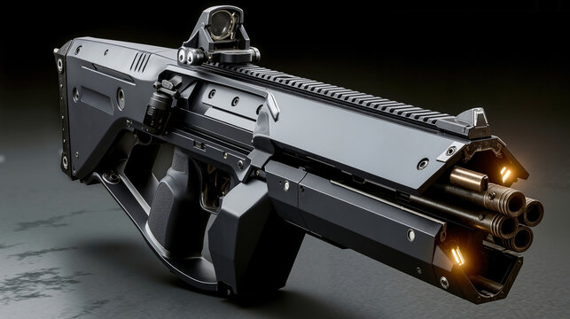 A futuristic assault rifle with a red dot sight on it