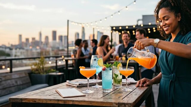 Tracking shot of woman pouring cocktails on rooftop bar terrace with city skyline and string lights at sunset
