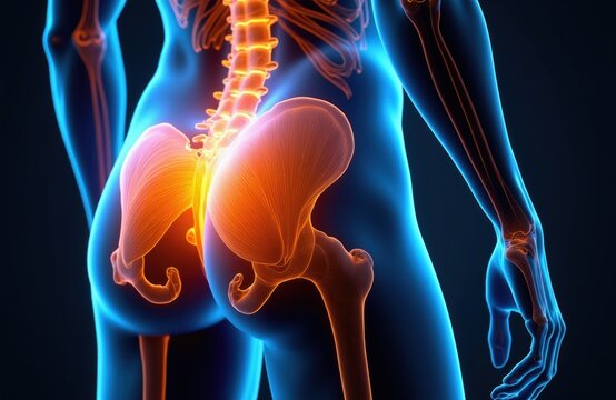 Human pelvis and spine anatomy glowing orange. Shows gluteal muscles and hip joint structure. Medical, science, and fitness visualization for exercise or health.