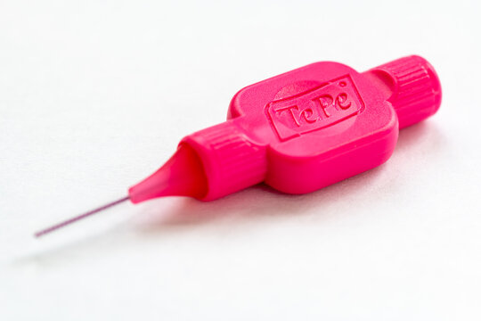 London. UK- April 22. 2026. Macro close up of a Te Pe interdental brush isolated on white.