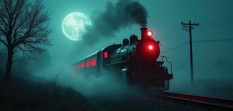 Ghost train travels on misty night under full moon. Steam engine with red glowing windows and headlights moves on tracks. Eerie dark landscape, bare trees, power pole.