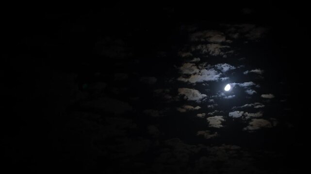 Timelapse of Moon and Clouds Moving Across Night Sky. Cinematic Moon and Clouds Motion in Night Sky. Astrophotography Moon and Clouds Timelapse Scene.