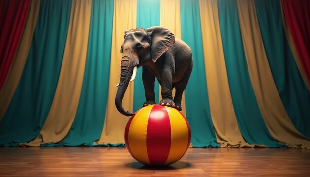 Circus elephant balances on large striped ball. Animal performs trick on stage with colorful drapes. Performing art entertainment show in big top tent.