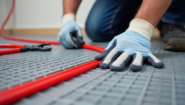 Worker in gloves installs red pipe on grid floor. Construction worker lays heating cable for underfloor warmth and comfort. Building renovation process focused on detail.