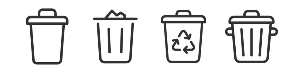 trash can icon set line art illustration of waste and recycling bins on transparent background © gerik_a