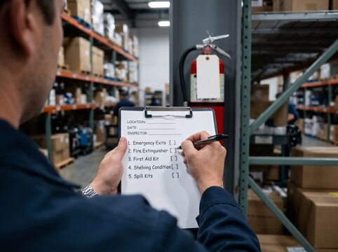 Man inspector uses clipboard to perform safety audit in warehouse. Professional worker checks fire extinguisher and facility equipment. Occupational health and safety compliance concept.