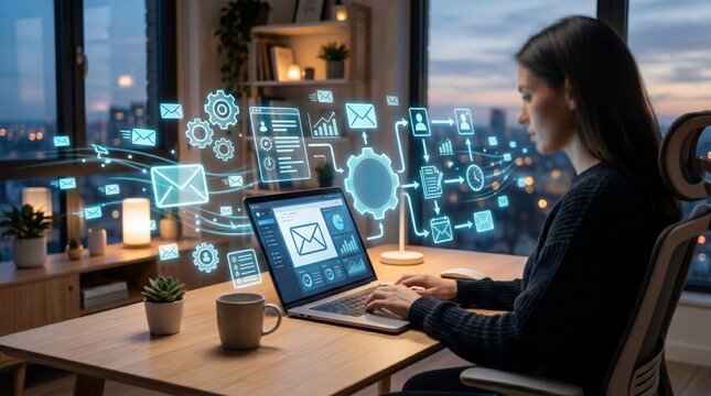 Woman analyst working on laptop with digital email and workflow automation icons. Business process management and communication technology concept. Modern office software task automation.